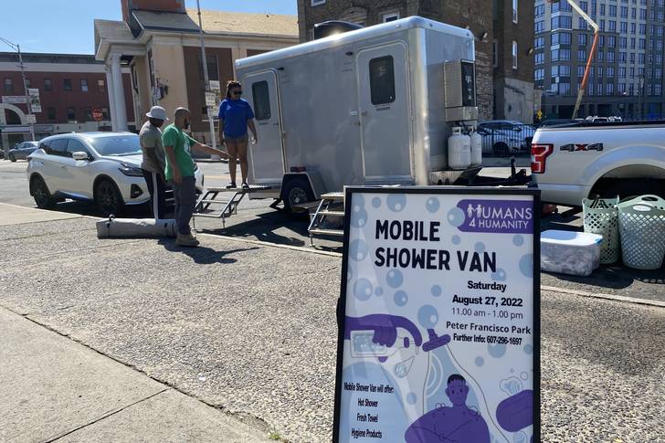 Archangel Raphael’s Mission parks a silver trailer equipped with two private bathrooms at Peter Francisco Park in Newark once a month to offer free showers to homeless individuals.